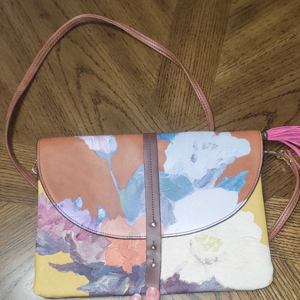 House of Disaster 1916 Floral Crossbody Bag Yellow Pink Tassel Painterly Print‎